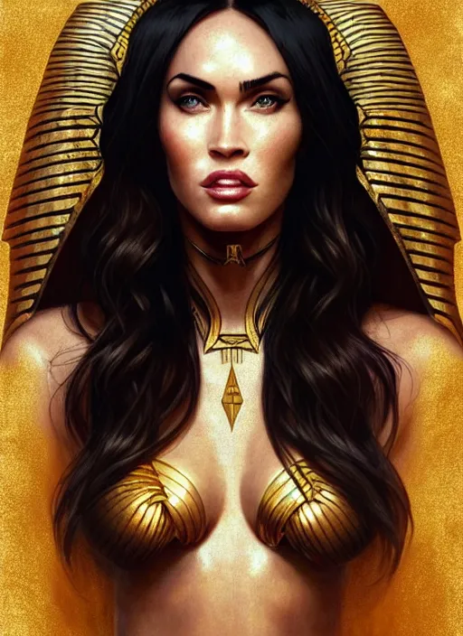 Prompt: portrait of megan fox as egypt queen, scarab, pyramids, gold, intricate, headshot, highly detailed, digital painting, artstation, concept art, sharp focus, cinematic lighting, illustration, art by artgerm and greg rutkowski, alphonse mucha, cgsociety