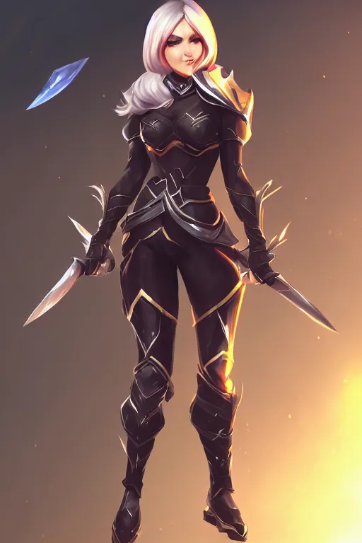 Image similar to A female league of legends character, fullbody art, wearing fully kitted black armor, character concept, dynamic posing, 8k, trending on artstation