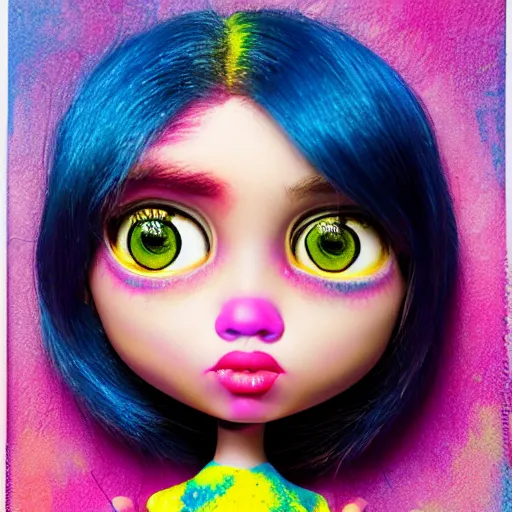 Prompt: A portrait of an extremely cute and adorable colorful vibrant holi nebula Miley Cyrus Bratz doll Dora with a modern futuristic hairstyle, painted by Mark Ryden and Margaret Keane in lowbrow pop surrealism style