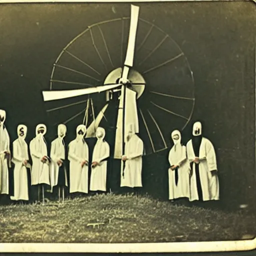 Prompt: an 1800s photo of a windmill. Cult worshippers in robes.