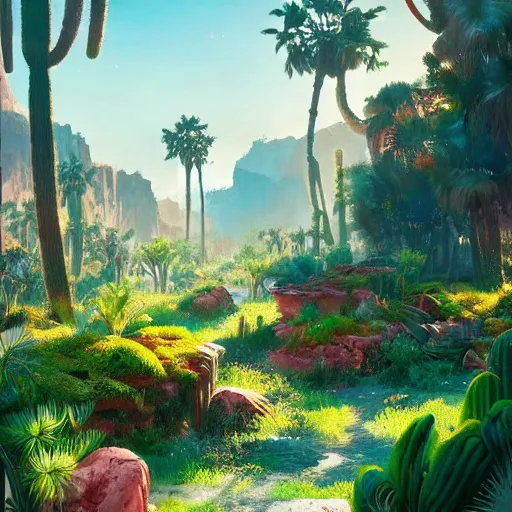 Image similar to a lush desert garden with bright colors, global illumination, dramatic sky and light rays, artstation, in style of greg rutkowski