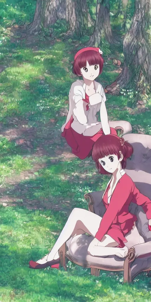 Image similar to a queen of good vibes sitting by herself on a sofa in a forest, drawn by CloverWorks,