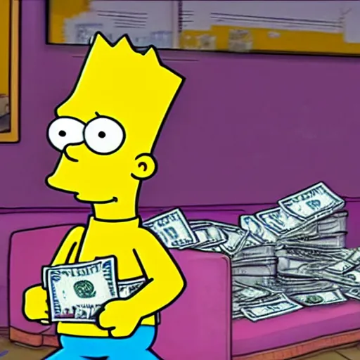 Prompt: full body action shot of Bart Simpson at the club partying and taking selfies with friends and a pile of cash in the background in GTA V or GTA VI, 8K, highly detailed, photo realistic