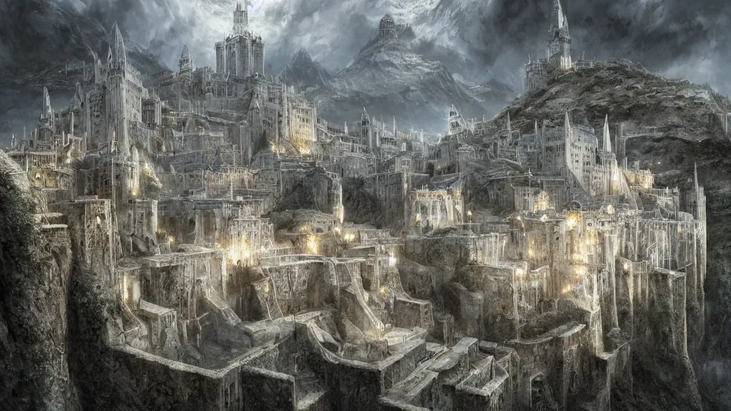 prompthunt: the white city of minas tirith in gondor, middle - earth, by  alan lee, michal karcz, smooth details, lord of the rings, game of thrones,  smooth, detailed terrain, oil painting, trending