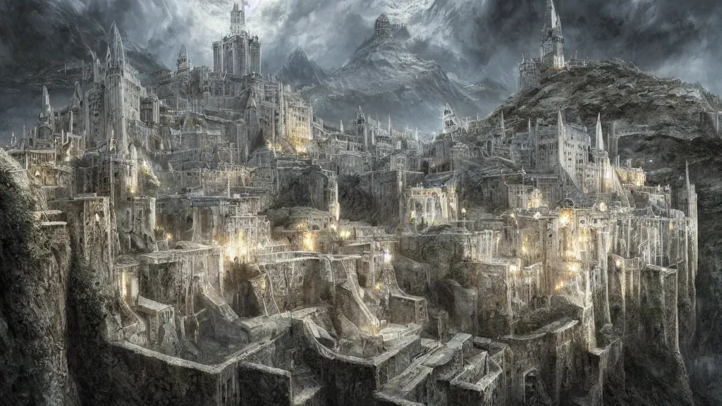 the white city of minas tirith in gondor, middle -, Stable Diffusion