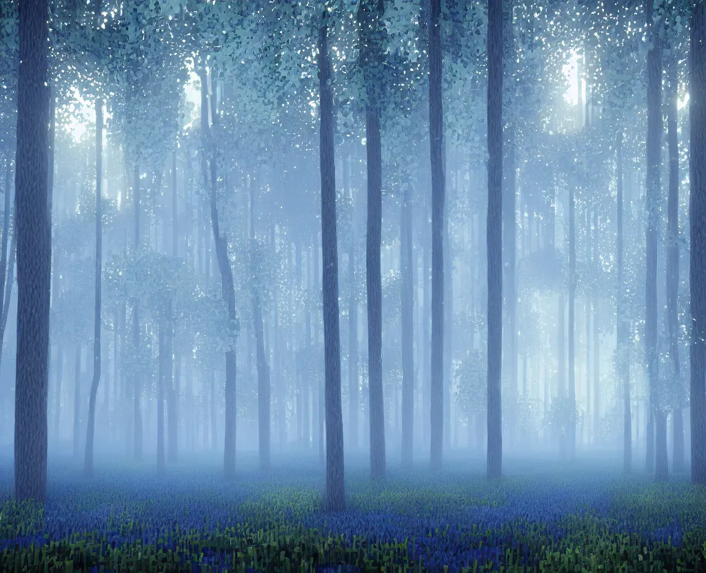 Prompt: blue forest, glowing, minecraft, digital art, highly detailed, artstation, octane render