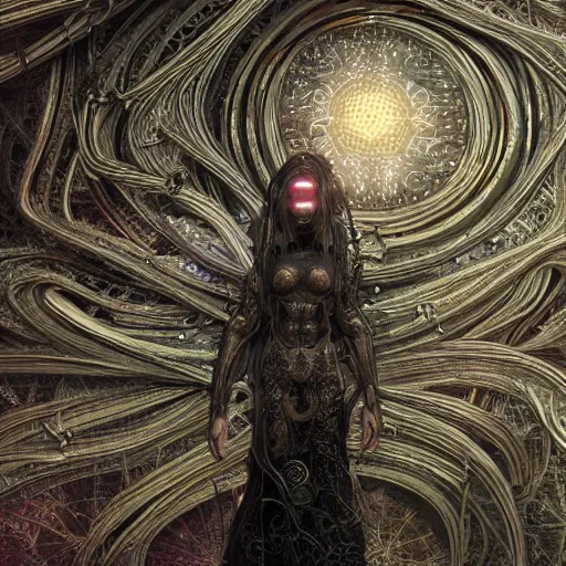 Image similar to cybernetic deity dreaming itself into reality with its networked mind, lsd, intricate detail, royo, whealan, giger, klimt, hd, octane render, unreal engine,