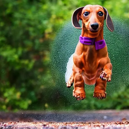 Prompt: dachshund jumping into a portal to another world