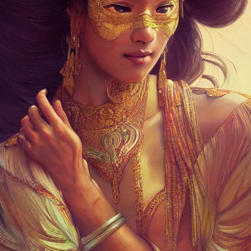 Prompt: a bali dancer, portrait, highly detailed, digital painting, artstation, concept art, sharp focus, illustration, art by artgerm and greg rutkowski and alphonse mucha