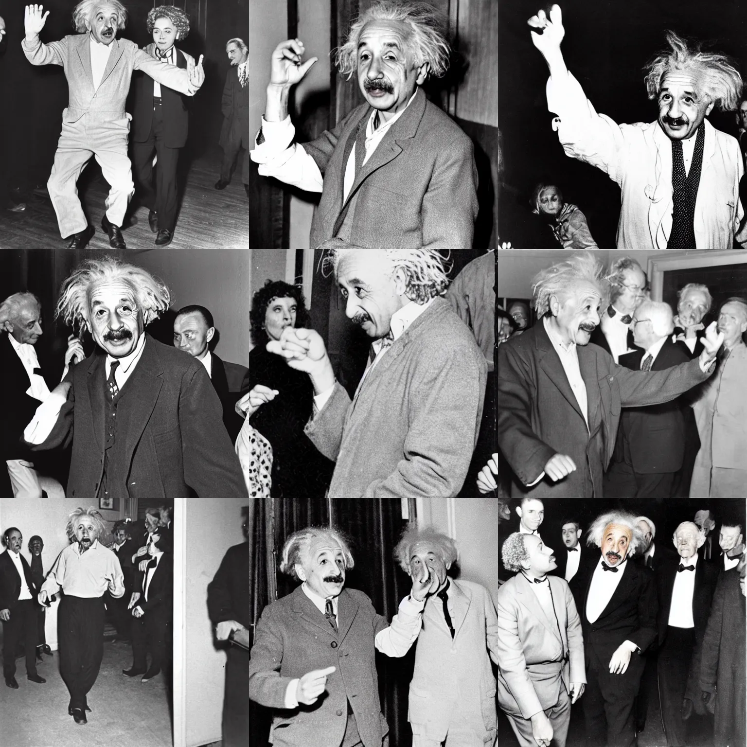 Prompt: photo of albert einstein dancing at a house party in the club