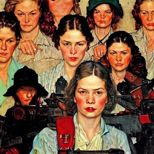 Image similar to Front portrait of an all-female outlaw gang. A painting by Norman Rockwell.