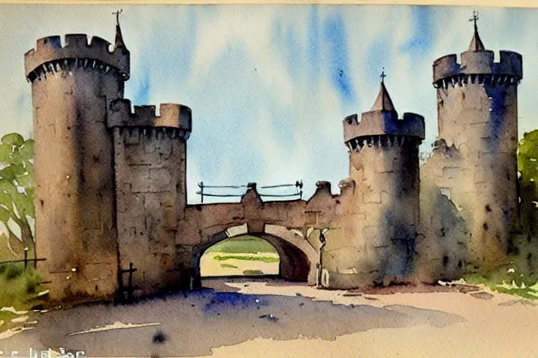 Image similar to 1950s castle gate with drawbridge muted colors. watercolor Jean-Baptiste Monge