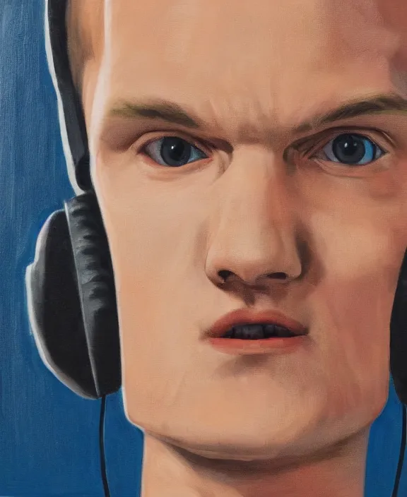 Prompt: vitalik buterin in headphones. vitalik buterin, close up, perfect symmetric face, coherent eyes, cute beautiful face, fine details., 4 k, hans zatska, oil paint