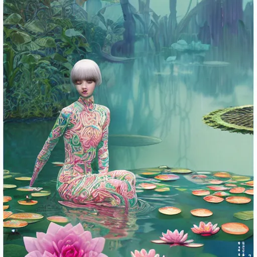 Image similar to pretty model with water lilies : : by martine johanna and simon stalenhag and chie yoshii and casey weldon and wlop : : ornate, dynamic, particulate, rich colors, intricate, elegant, highly detailed, vogue, harper's bazaar art, fashion magazine, smooth, sharp focus, 8 k, octane render