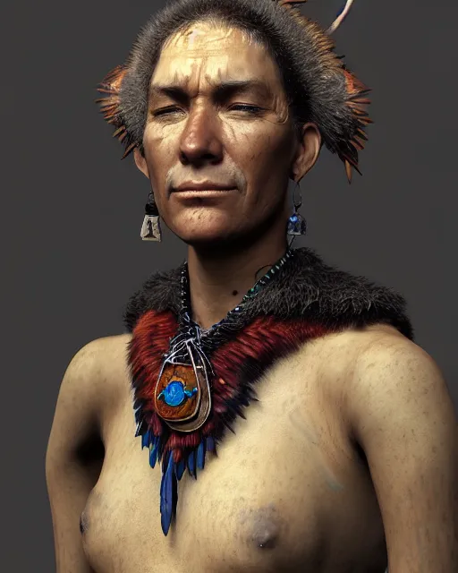 Prompt: headshot portrait of a shaman with raven features, cgsociety, detailed, unreal engine, textured, cinematic, character design