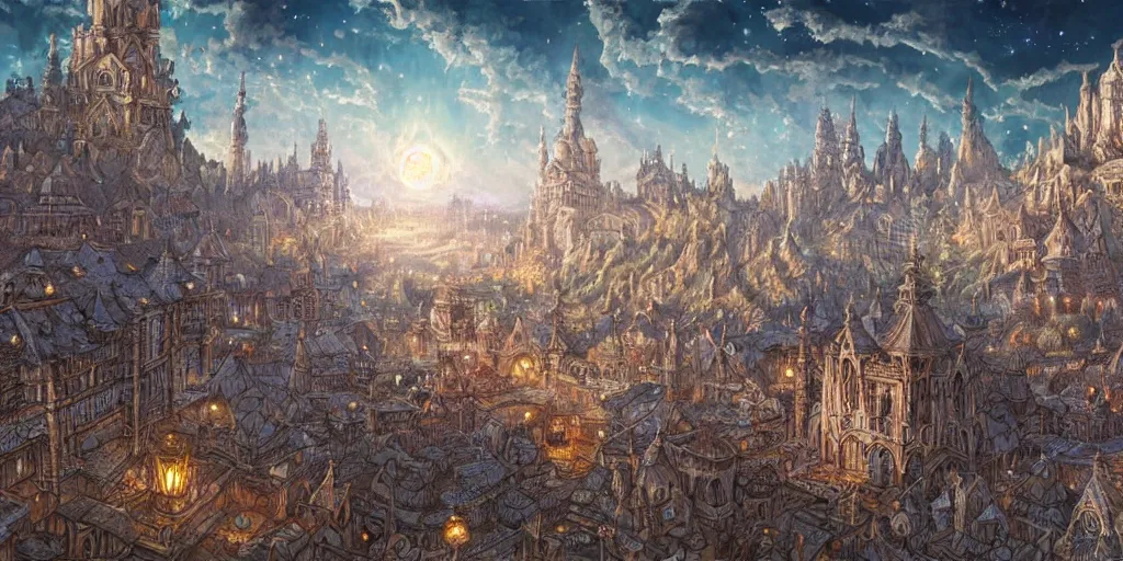 Prompt: an concept art of the ancient town surrounded by magic guardians, lovercraft city, intricate details, detailed sky, detailed structures, starry night, artstation, epic scenery, colourful light, by kentaro miura and vasnetsov