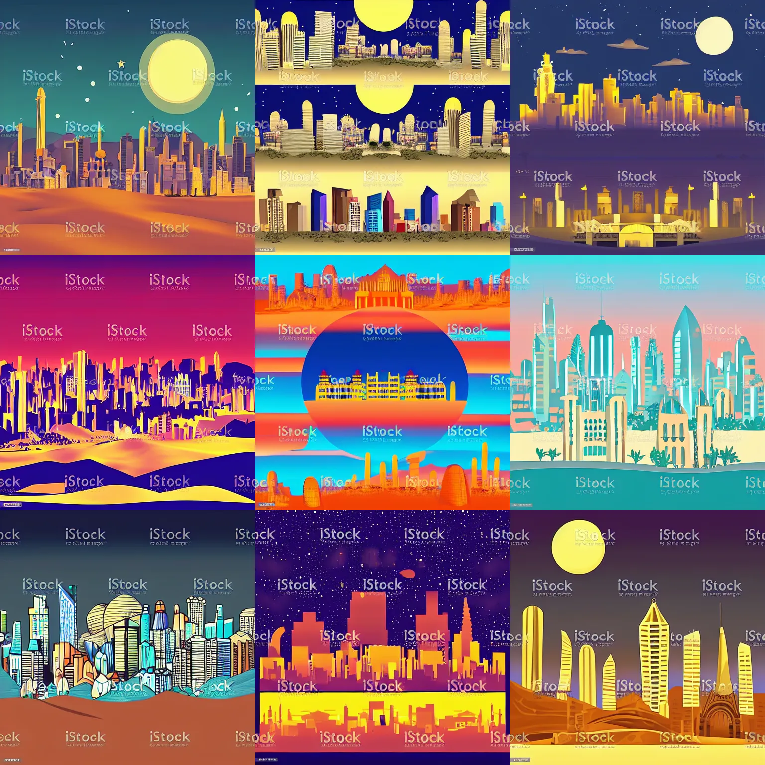 Prompt: desert dreamy city by night, vector art