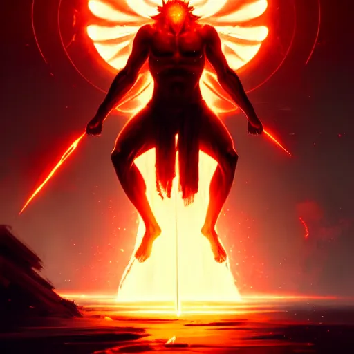 Prompt: a pure glowing god and bloody ashes devil war, digital art, many details, action, greg rutkowski style, high quality, 8 k