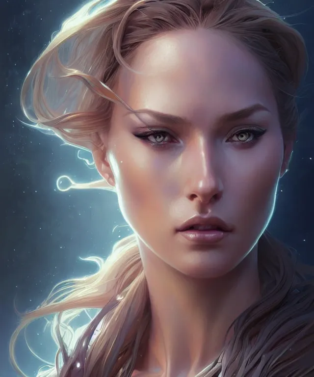 Image similar to futuristic woman portrait, sci-fi, amber eyes, face, long hair, fantasy, intricate, elegant, highly detailed, digital painting, artstation, concept art, smooth, sharp focus, illustration, art by artgerm and greg rutkowski and alphonse mucha