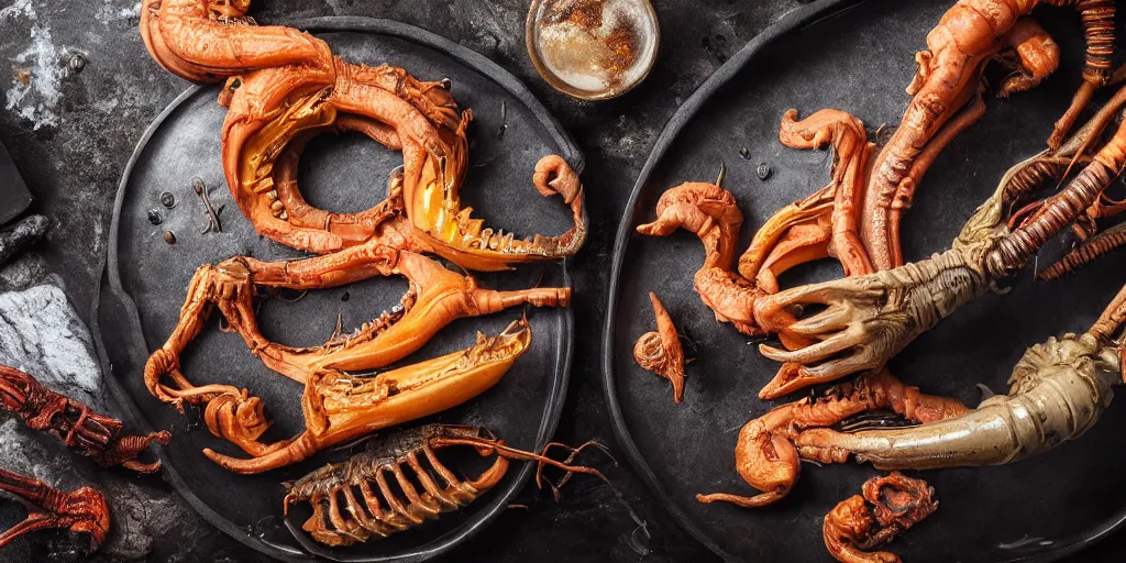 Image similar to Delicious roasted xenomorph, 4K, volume light, soft light, food photography, award winning photography, detailed rendering, unreal engine, 8k