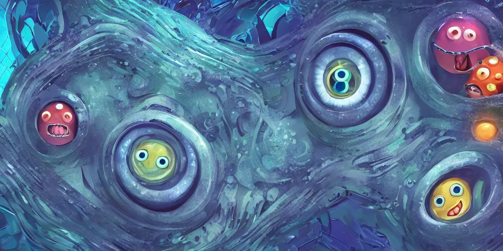 Image similar to of an intricate deep sea with strange cute friendly happy creatures with huge eyes, mouth, long tongue, round teeth and goofy face, appearing from the background, in the style of gehry and gaudi, macro lens, shallow depth of field, ultra detailed, digital painting, trending artstation, concept art, illustration, cinematic lighting, photorealism, epic, octane render