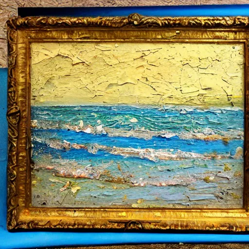 Image similar to oil paint impasto relief, beautiful evening italian beach scene, stormy rough sea, multi layered thick brush marks, some splattered paint, in the style of ivan shishkin and frank auerbach and van gogh