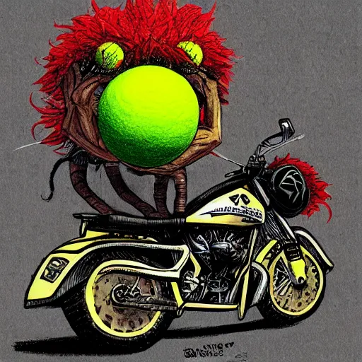 Image similar to a tennis ball monster on a motorcycle harley davidson on a tennis court, digital art, fantasy, magic, chalk, trending on artstation, ultra detailed, professional illustration by basil gogos