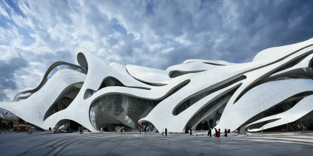 Image similar to extremely detailed ornate stunning beautiful elegant futuristic museum exterior by Zaha Hadid