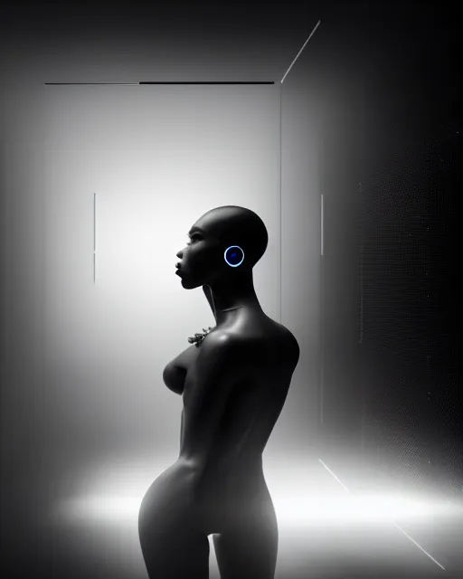 Prompt: black and white high quality photo of a beautiful futuristic female human-AI-cyborg looking into a sci-fi mirror:: volumetric lighting, liminal space, brutalism, foggy, dreamy, hyperdetailed, bokeh, photorealistic, cinematic, masterpiece, Metropolis, elegant, dark, octane render, 8K, photograph taking in 1910