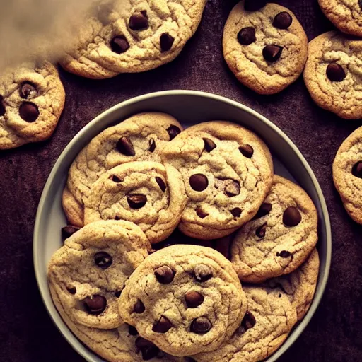 Prompt: cookies [ within bowl ]!!! resting on table, trending on artstation, cgsociety, [ overhead view ]!!, 4 k quality, intricately defined, professional photography, complexly detailed, polycount