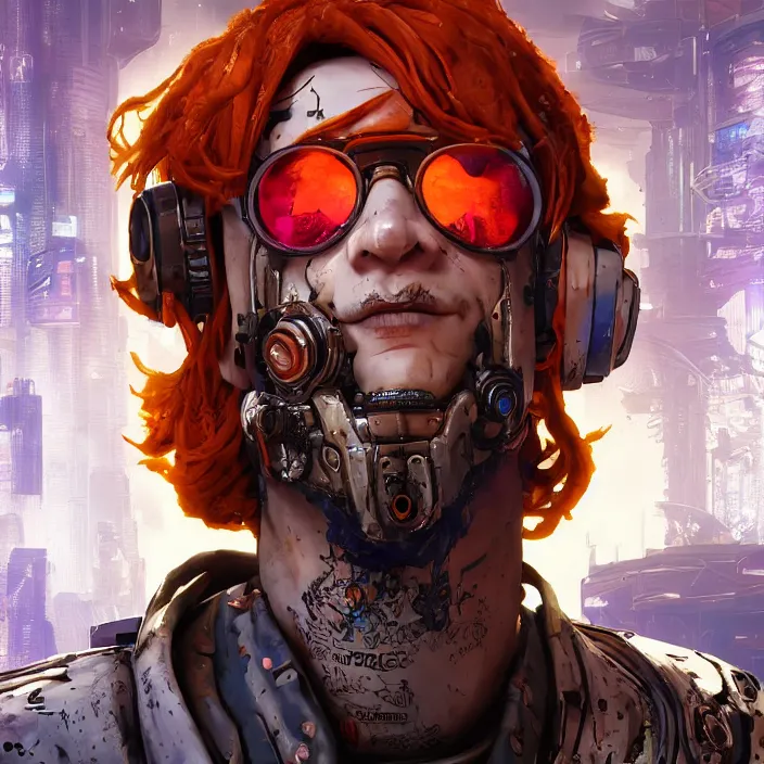 Image similar to cyberpunk portrait of curly orange hair man from borderlands 3, au naturel, hyper detailed, digital art, trending in artstation, cinematic lighting, studio quality, smooth render, unreal engine 5 rendered, octane rendered, art style by klimt and nixeu and ian sprigger and wlop and krenz cushart.