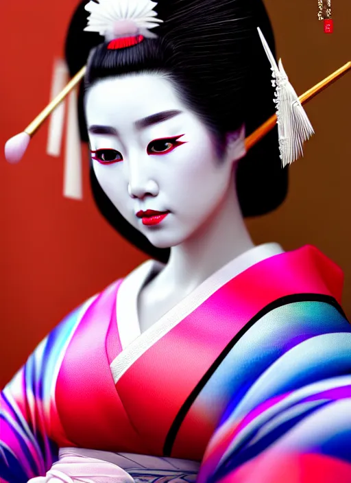 Image similar to Geisha photo portrait, beautiful makeup, pearlescent skin, elegant pose, highly detailed kimono, photorealism, artstation, different point of view, sharp focus, photorealistic, soft diffuse lights, canon 5D 50 mm lens, zen natural background, def of field