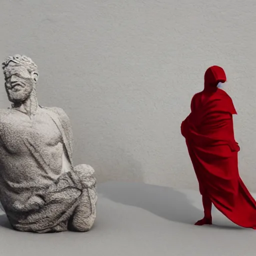 Image similar to a roman statue covered by red cloth that's blowing in the wind, digital art, concept art, cloth simulation with houdini, octane, redshift, 8 k