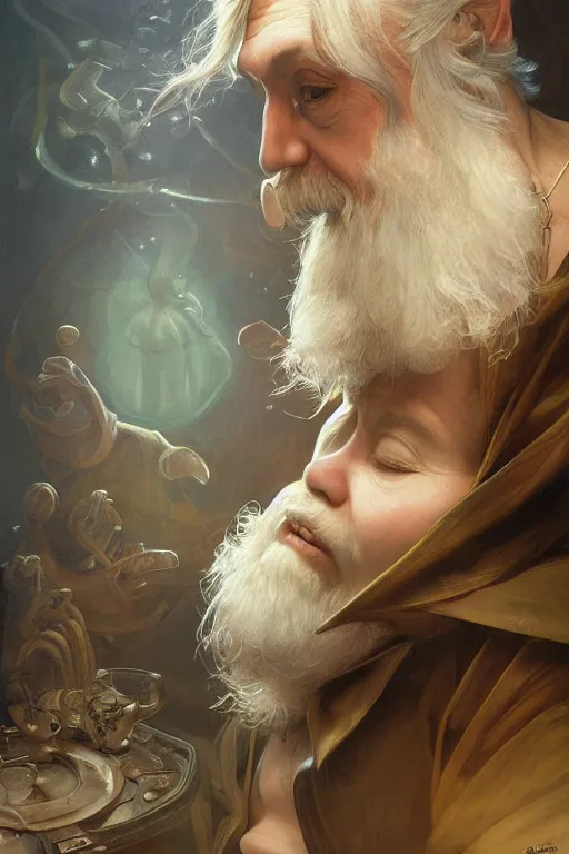 Image similar to gnome dreamer, physically accurate, moody dynamic lighting, very very intricate, very very elegant, highly detailed, digital painting, artstation, HR GIGER, Hieronymus Bosch, Francis Bacon, concept art, smooth, very beautiful, sharp focus, illustration, art by artgerm and greg rutkowski and alphonse mucha