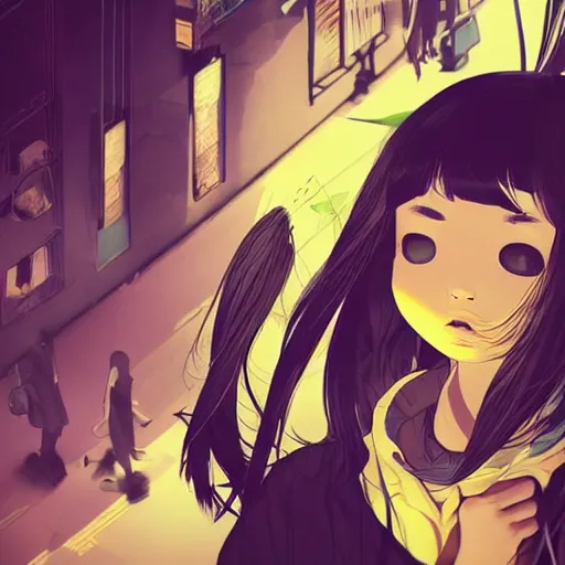 Image similar to Frequency indie album cover, luxury advertisement, yellow filter. Clean and detailed post-cyberpunk sci-fi close-up schoolgirl in asian city in style of cytus and deemo, blue flame, relaxing, calm and mysterious vibes, by Tsutomu Nihei, by Yoshitoshi ABe, by Ilya Kuvshinov, by Greg Tocchini, nier:automata, set in half-life 2, Matrix, GITS, Blade Runner, Neotokyo Source, Syndicate(2012), dynamic composition, beautiful with eerie vibes, very inspirational, very stylish, with gradients, surrealistic, dystopia, postapocalyptic vibes, depth of field, mist, rich cinematic atmosphere, perfect digital art, mystical journey in strange world, beautiful dramatic dark moody tones and studio lighting, shadows, bastion game, arthouse