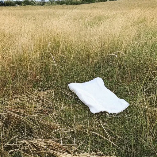 Prompt: “ a small white linen picnic blanket in the foreground of a grassy prairie scene, muted colours, august, wide shot,”