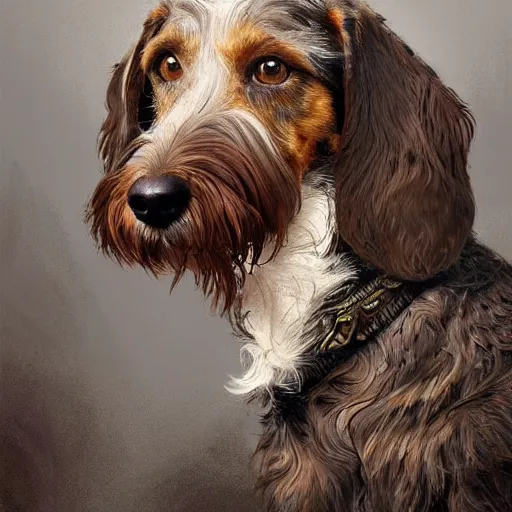 Prompt: portrait of a rugged wirehaired dachshung, salt and pepper hair, soft hair, d & d, muscular, fantasy, intricate, elegant, highly detailed, digital painting, artstation, concept art, smooth, sharp focus, illustration, art by artgerm and greg rutkowski and alphonse mucha