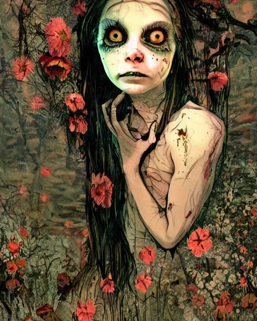 Prompt: a pretty but sinister and creepy goblin in layers of fear, with haunted eyes, violence in her eyes, 1 9 7 0 s, seventies, delicate embellishments, a little blood, woodland, blue dawn light shining on wildflowers, painterly, offset printing technique, by walter popp