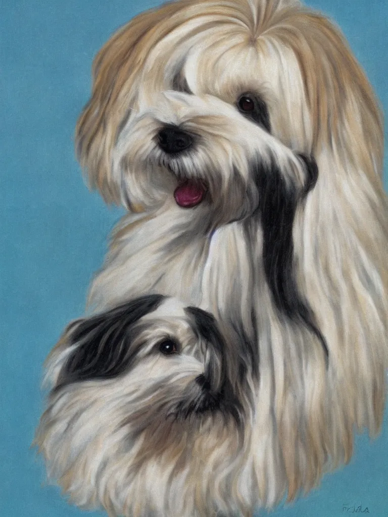 Prompt: portrait of a cream colored havanese dog, surreal background, by frieda kahlo