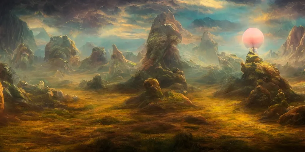Image similar to A surreal dream landscape, cinematic lighting, detailed oil painting, 8k