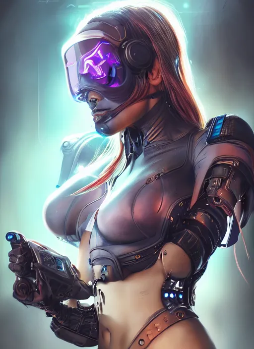 Prompt: portrait of cyberpunk girl with a biomechanic crest, illutration by Artgerm, highly detailed, trending on artstation
