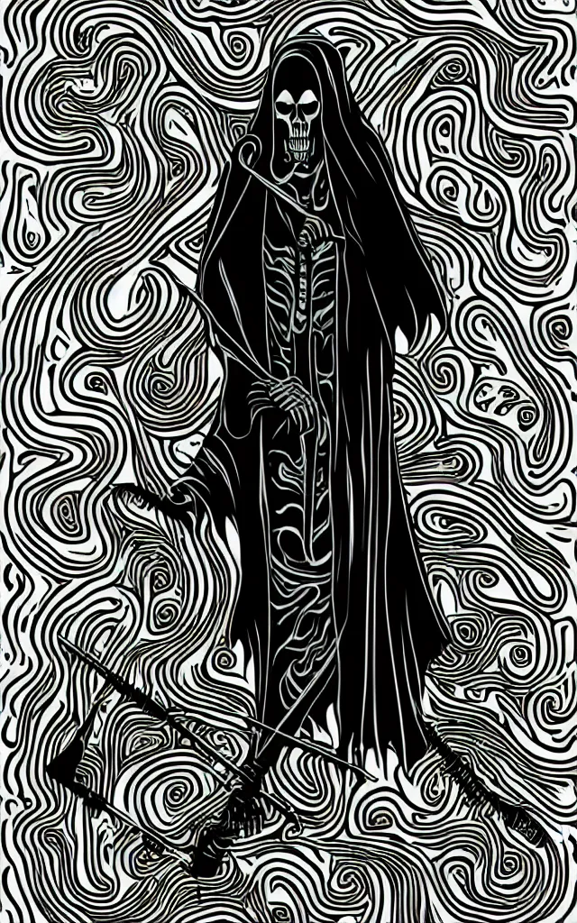 Image similar to adobe illustrator vector graphics digital art of an grim reaper, psychedlic monochromatic duoblend