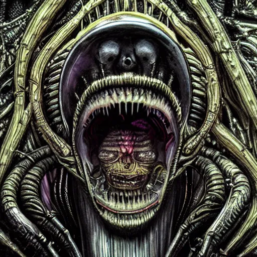 Image similar to space alien, slimy, glossy, sharp teeth, by h. r. giger, nightmare fuel, nightmarish, intricate, highly detailed, optical illusion, stranger things demogorgon, cave lighting, flickering