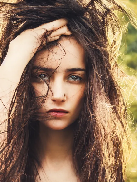 Prompt: hyperdetailed photo of a beautiful italian girl, brown eyes, dark hair, winds of winter, with ripped transparent crop t - shirt