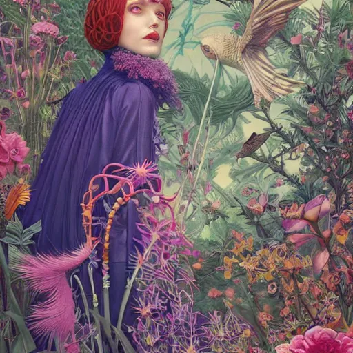 Image similar to pretty model with botanical and birds : : by martine johanna and simon stalenhag and chie yoshii and casey weldon and wlop : : ornate, dynamic, particulate, rich colors, intricate, elegant, highly detailed, vogue, harper's bazaar art, fashion magazine, smooth, sharp focus, 8 k, octane render