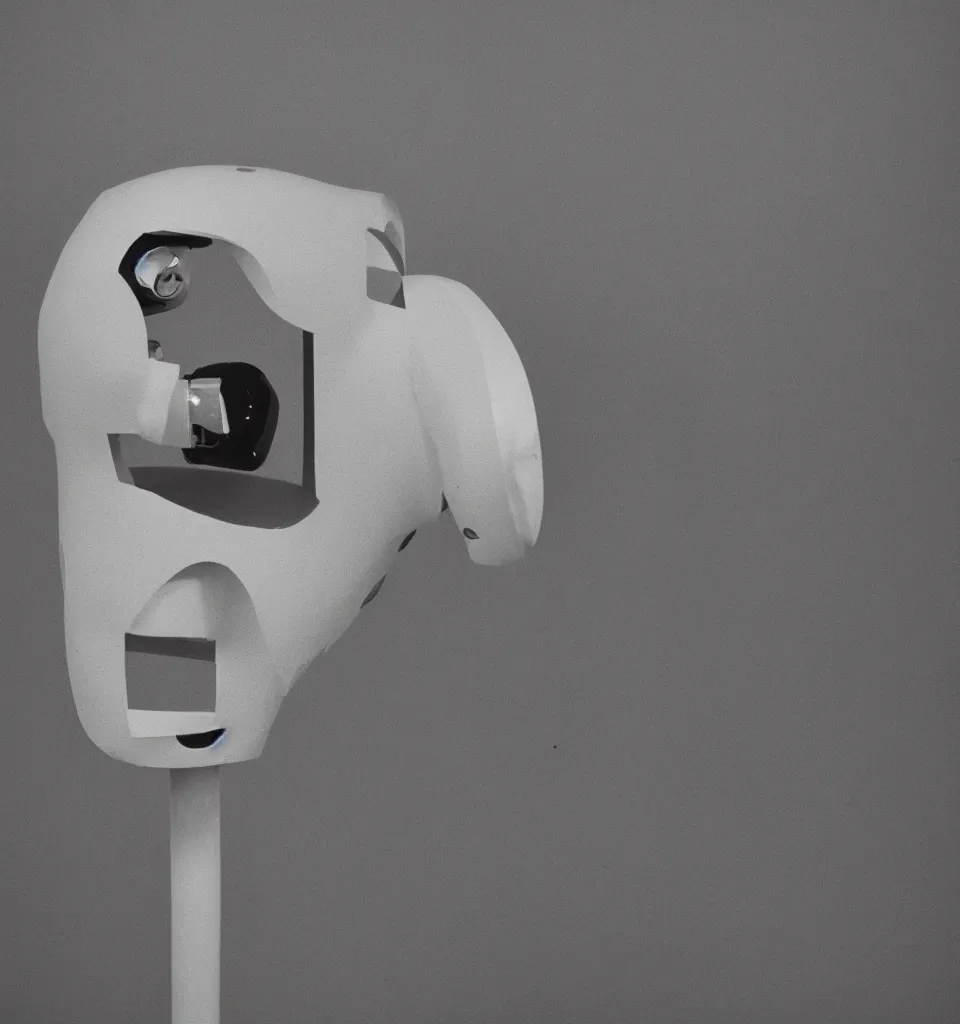 Prompt: an 80's studio portrait photo of a minimalist robot head designed by picasso, 50mm, pentax, film