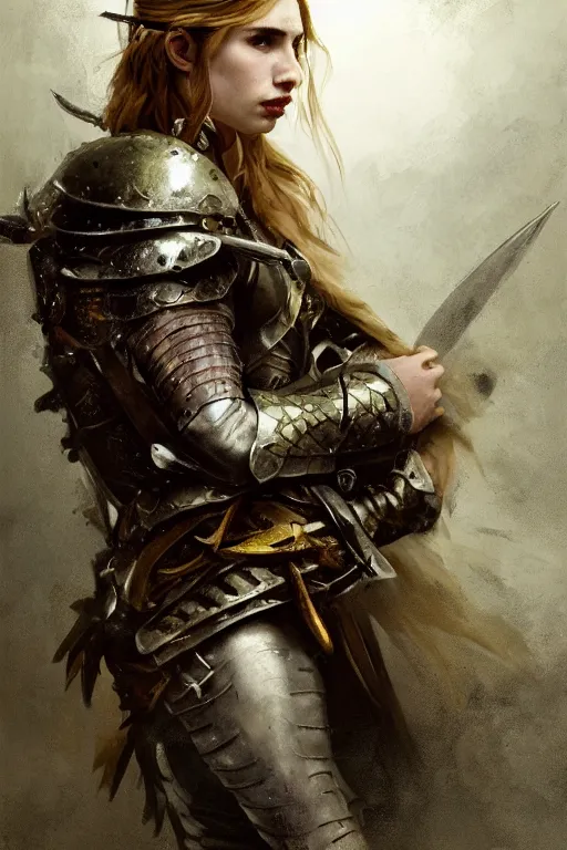 Prompt: young emma roberts, legendary warrior, heroic fighter, lord of the rings, tattoos, decorative ornaments, battle armor, omar ortiz, carl spitzweg, ismail inceoglu, vdragan bibin, hans thoma, greg rutkowski, alexandros pyromallis, perfect face, sharply detailed, centered, rule of thirds, realistic shading, photorealism