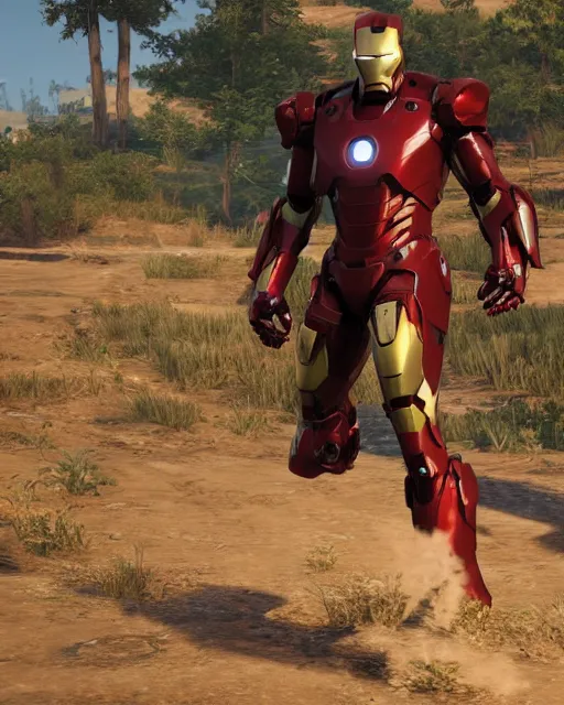 Image similar to iron man styled mech suit in red dead redemption 2, cinematic, photorealistic