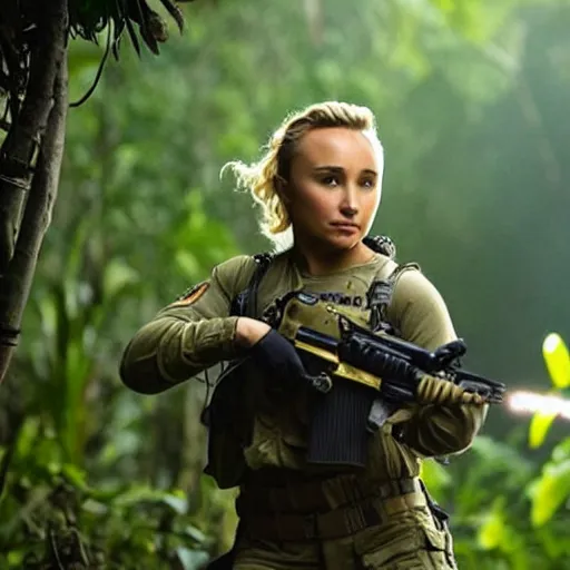 Image similar to cinematic scene with hayden panettiere as a commando in the jungle joining the ballte, action scene, dramatic, small details, volumetric lighting, ground mist, smoke, still frame