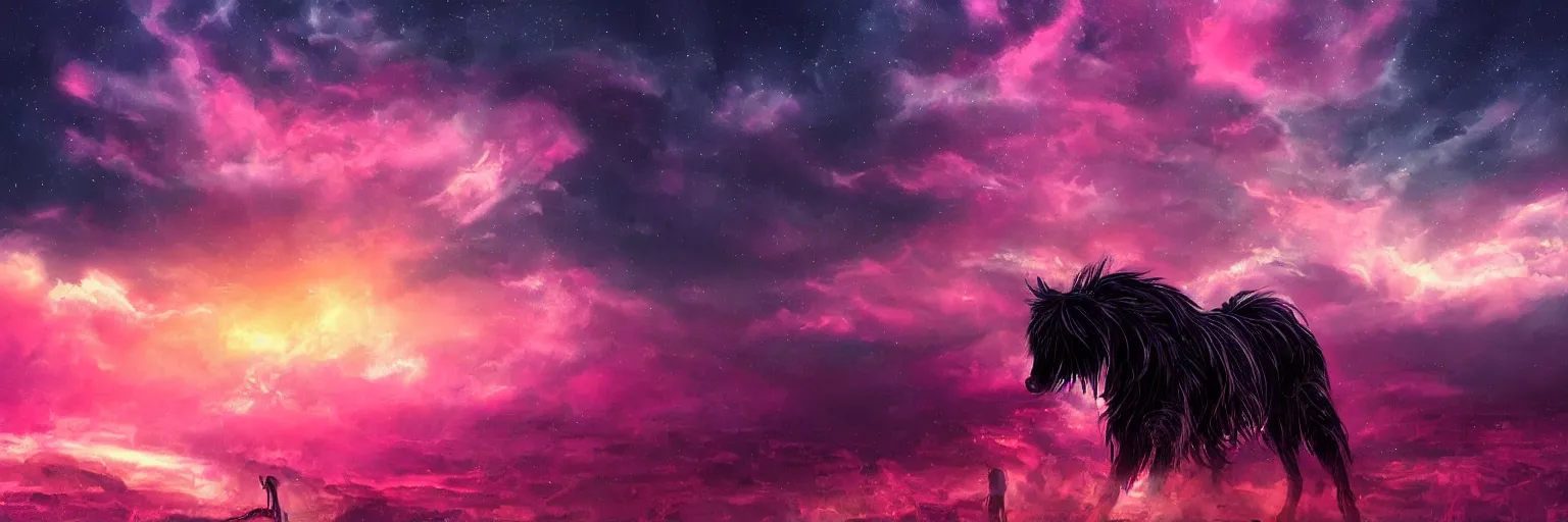 Image similar to hyperdetailed illustration, portrait big dark dog, mohawk, stars, pink, big train in space, pirate neon ship, neon, oil painting, rich deep colors masterpiece, ultra detailed, contrast, heaven pink, clouds, volumetric light, atmospheric lighting, dramatic, cinematic, moody, octane render 4 k, 8 k